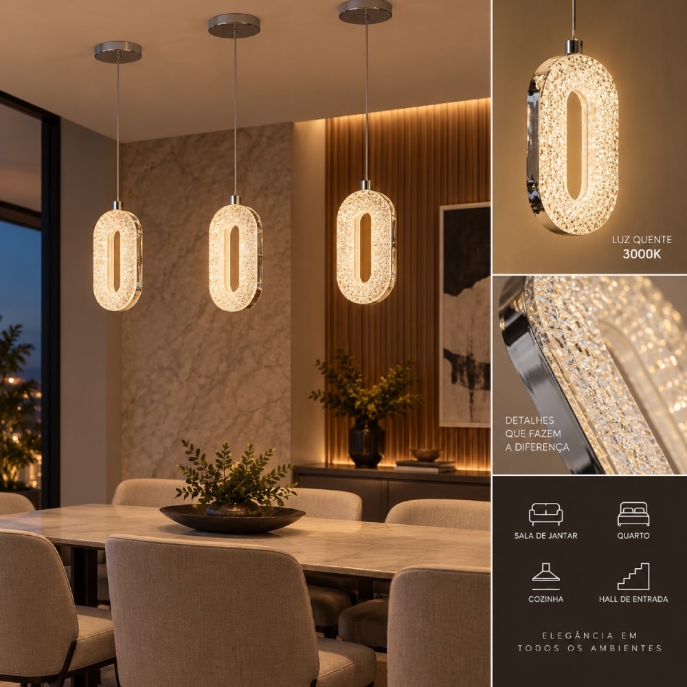 Luminária Pendente Sindora 9x18cm 8W 3000K 600 Lumens Metal Cromado e Plástico - QD05169