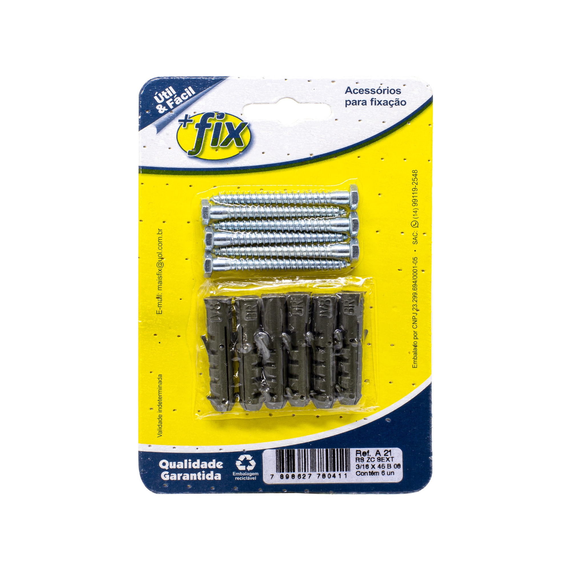 Parafuso +Fix Rosca Soberba Sextavado 3/16x45 Nº8 6 Peças - R. A 21