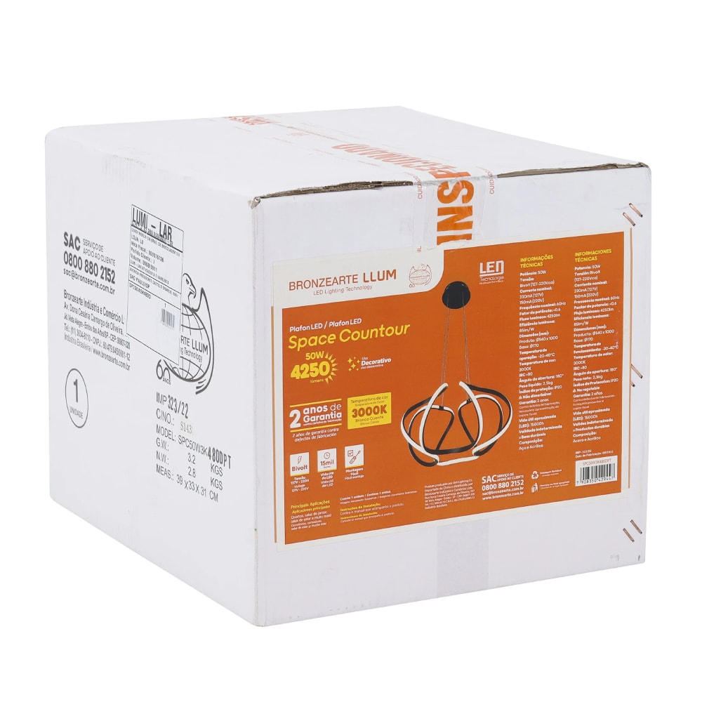 Pendente LED LLUMM Space Contour 48cm Preto 50W 3000K