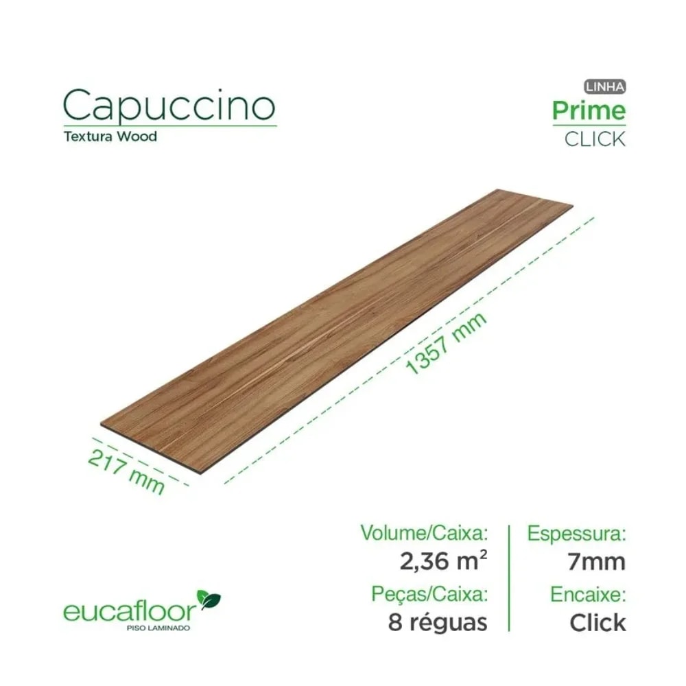 Piso Laminado 135,7x21,7cm Caixa 2,36m² Eucafloor Prime Click Cappuccino - 7951427