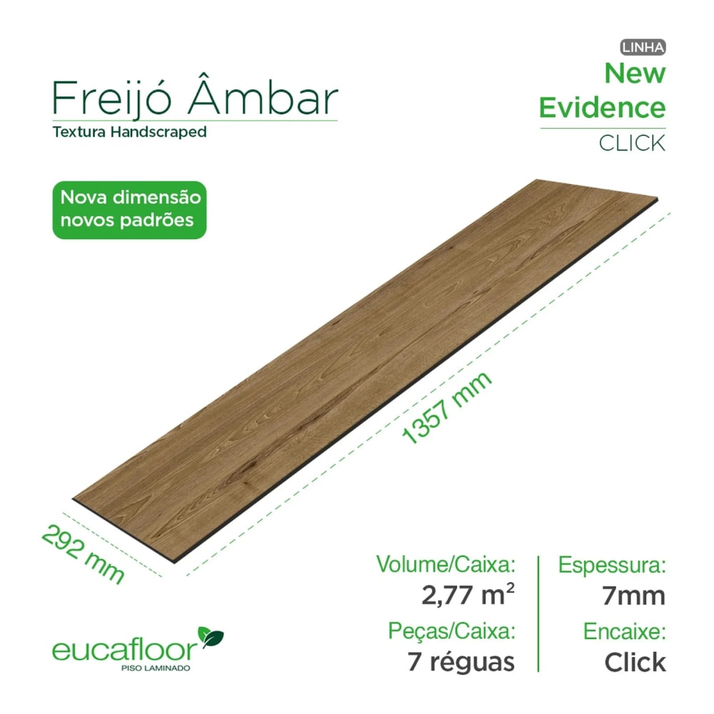 Piso Laminado 135,7x29,2cm Caixa 2,77m² Eucafloor New Evidence Click Freijó Âmbar - 07950159
