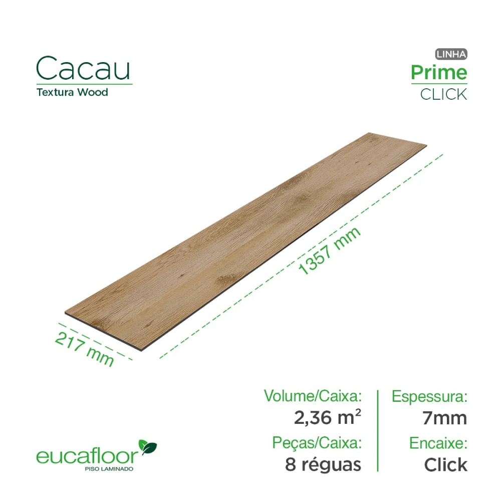 Piso Laminado 21,7x135,7cm Caixa 2,36m² Eucafloor Prime Click Cacau - 7951436