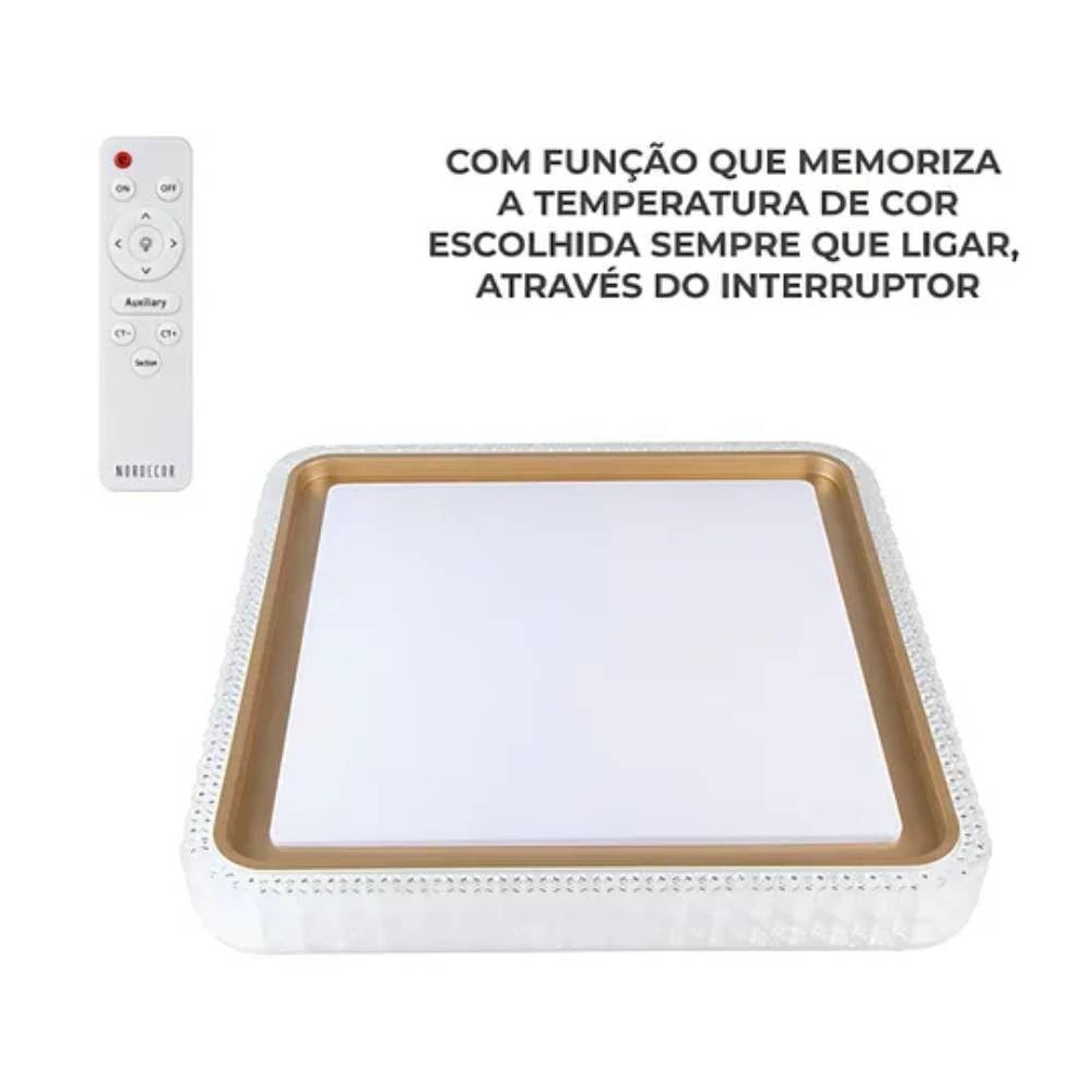 Plafon de Sobrepor Nordecor Kenle Led Quadrado 50cm 36W Dourado - 2668