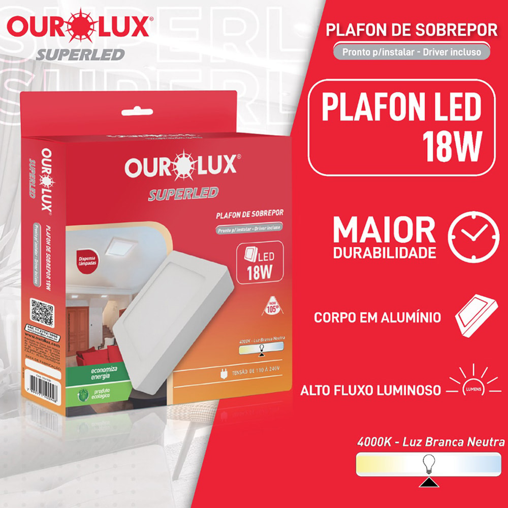 Plafon LED de Sobrepor Ourolux Quadrado 18W 4000K - 03215B