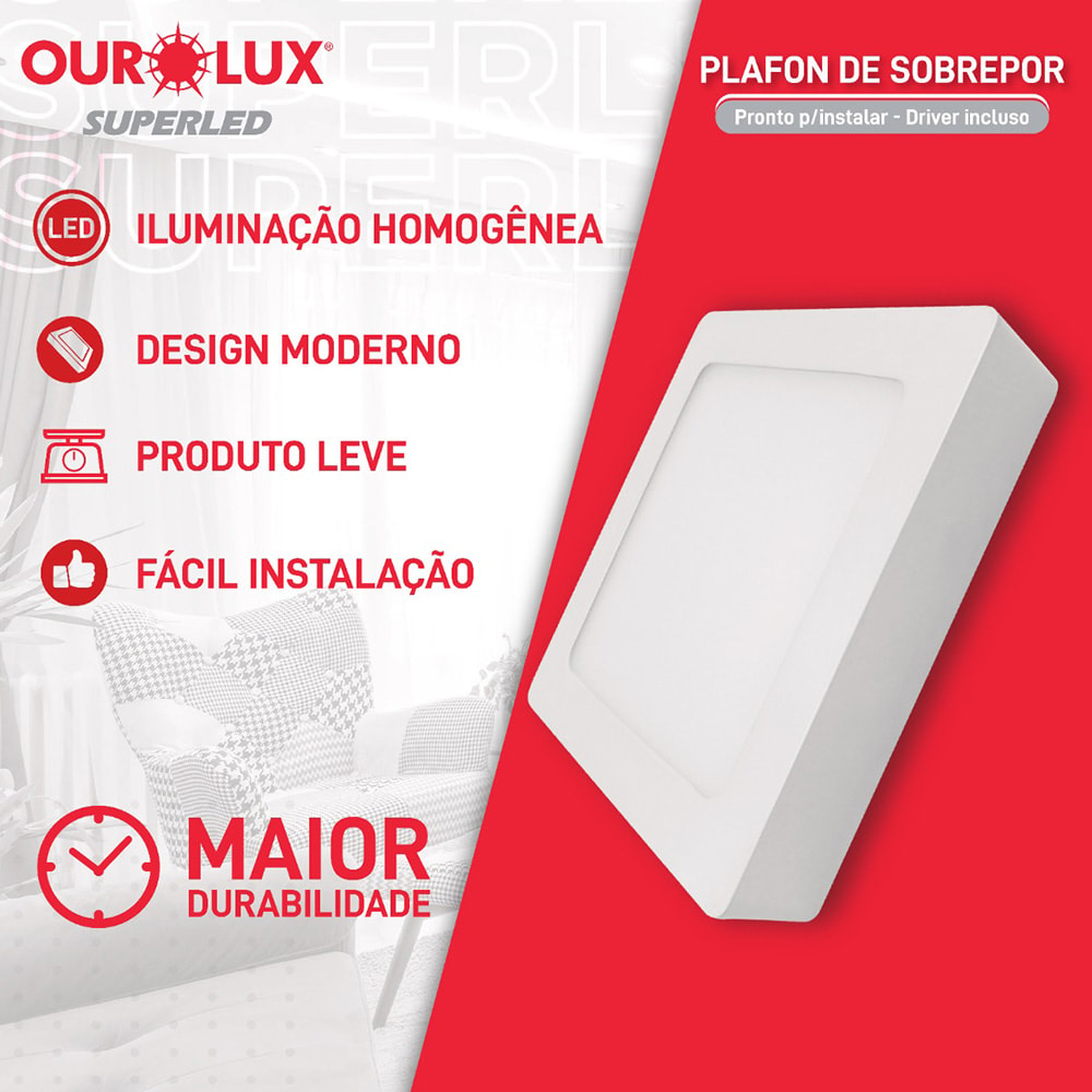 Plafon LED de Sobrepor Ourolux Quadrado 18W 4000K - 03215B