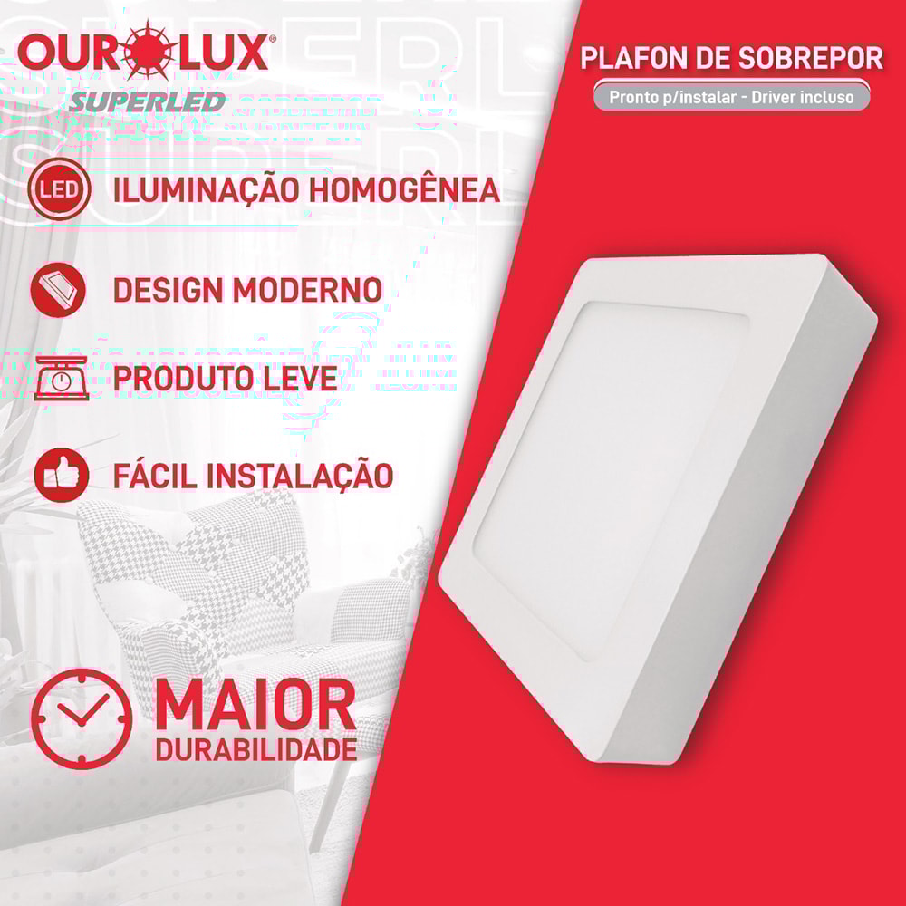 Plafon LED de Sobrepor Ourolux Quadrado 18W 4000K - 03215B