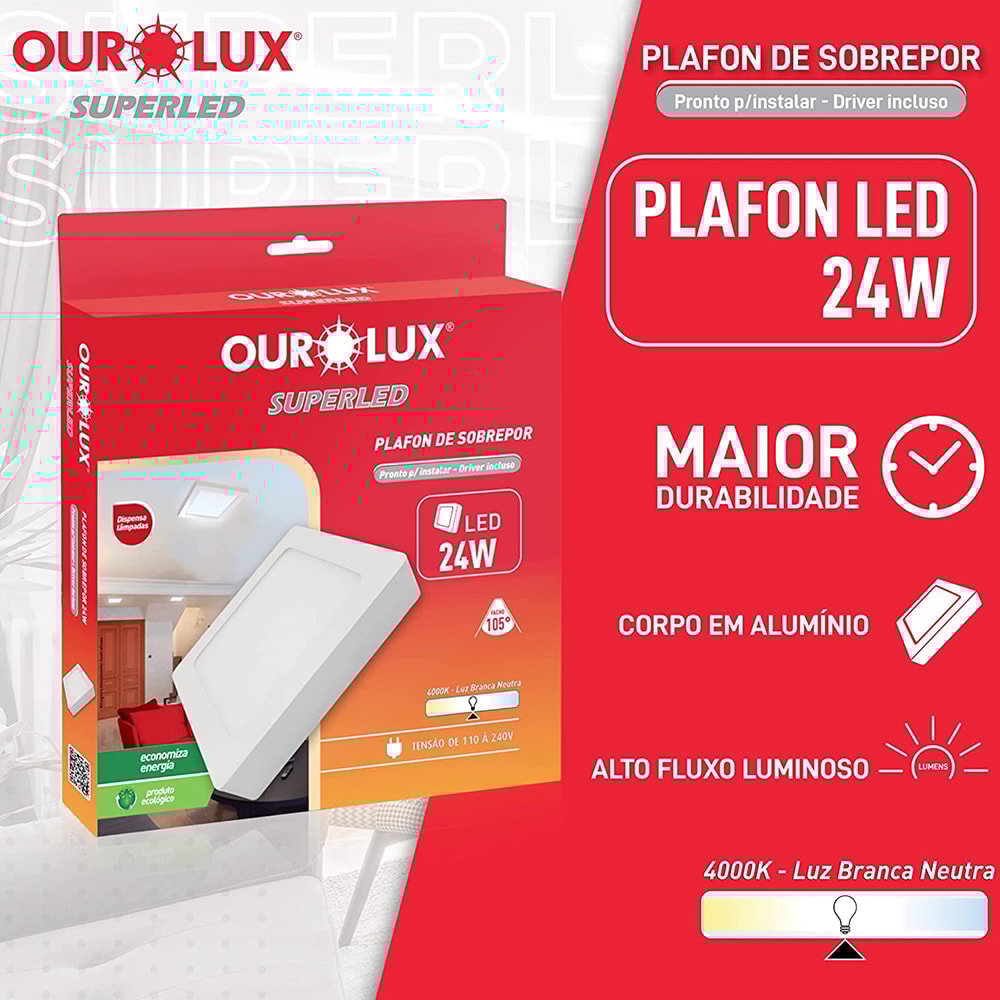 Plafon LED de Sobrepor Ourolux Quadrado 24W 4000K - 03213B