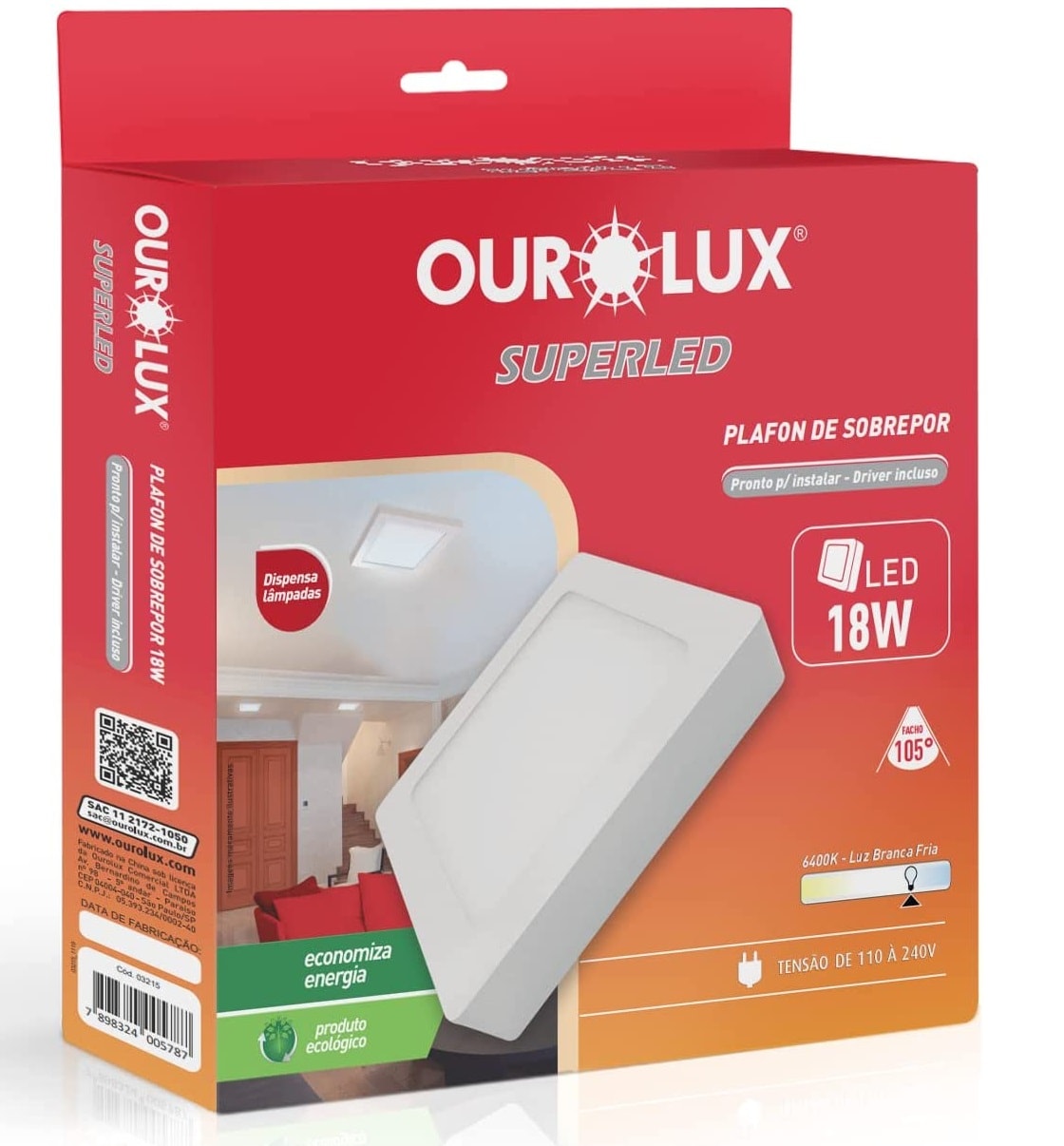 Plafon LED de Sobrepot Ourolux Quadrado 18W 6400k - 03215