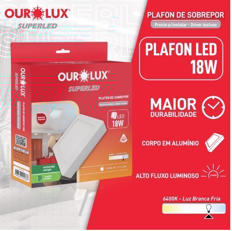 Plafon LED de Sobrepot Ourolux Quadrado 18W 6400k - 03215