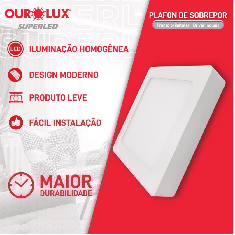 Plafon LED de Sobrepot Ourolux Quadrado 18W 6400k - 03215