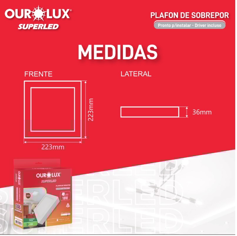 Plafon LED de Sobrepot Ourolux Quadrado 18W 6400k - 03215