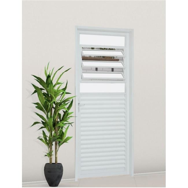 Porta de Aço Veneziana com Basculante 217x88x6,5cm Sasazaki Prátika Abertura Direita Branca - 24.12.401-0