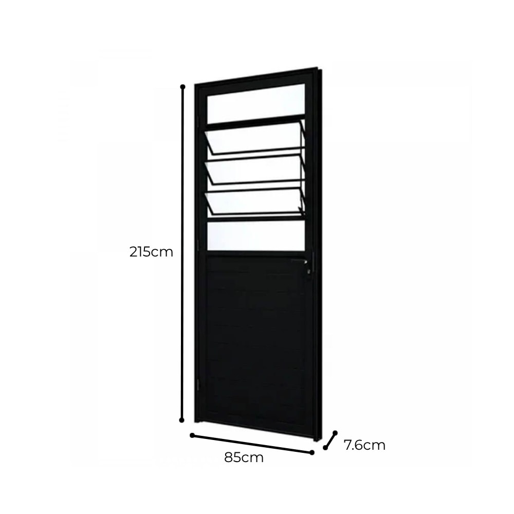 Porta de Alumínio 215x85x7,6cm Lucasa Lambri Mista Abertura Direita com Basculante Preta - P9071.2