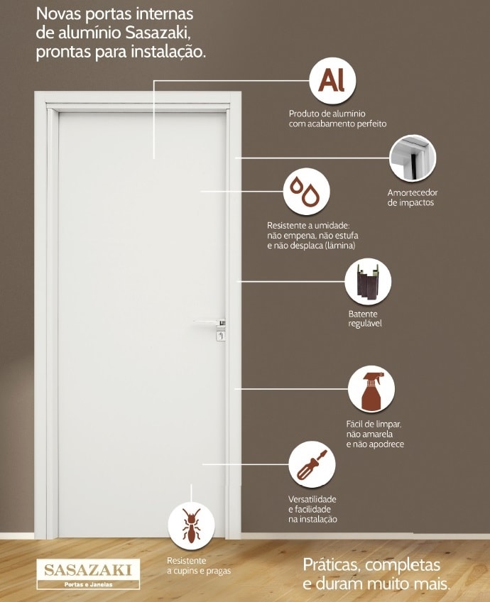 Porta de Alumínio para Banheiro 215x78x14cm Sasazaki Abertura Direita Branca - 72.02.151-7