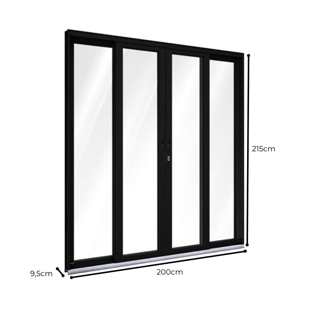 Porta de Correr Alumínio 215x200x9,5cm Lucasa Abertura Central 2 Folhas Móveis 2 Fix Preto - P9003.0