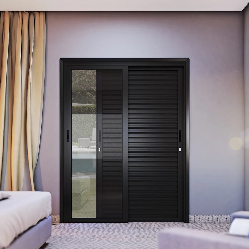 Porta de Correr em Alumínio 215x150x14cm Lucasa Preto 3 Folhas Móveis sem Trava - P9006.0