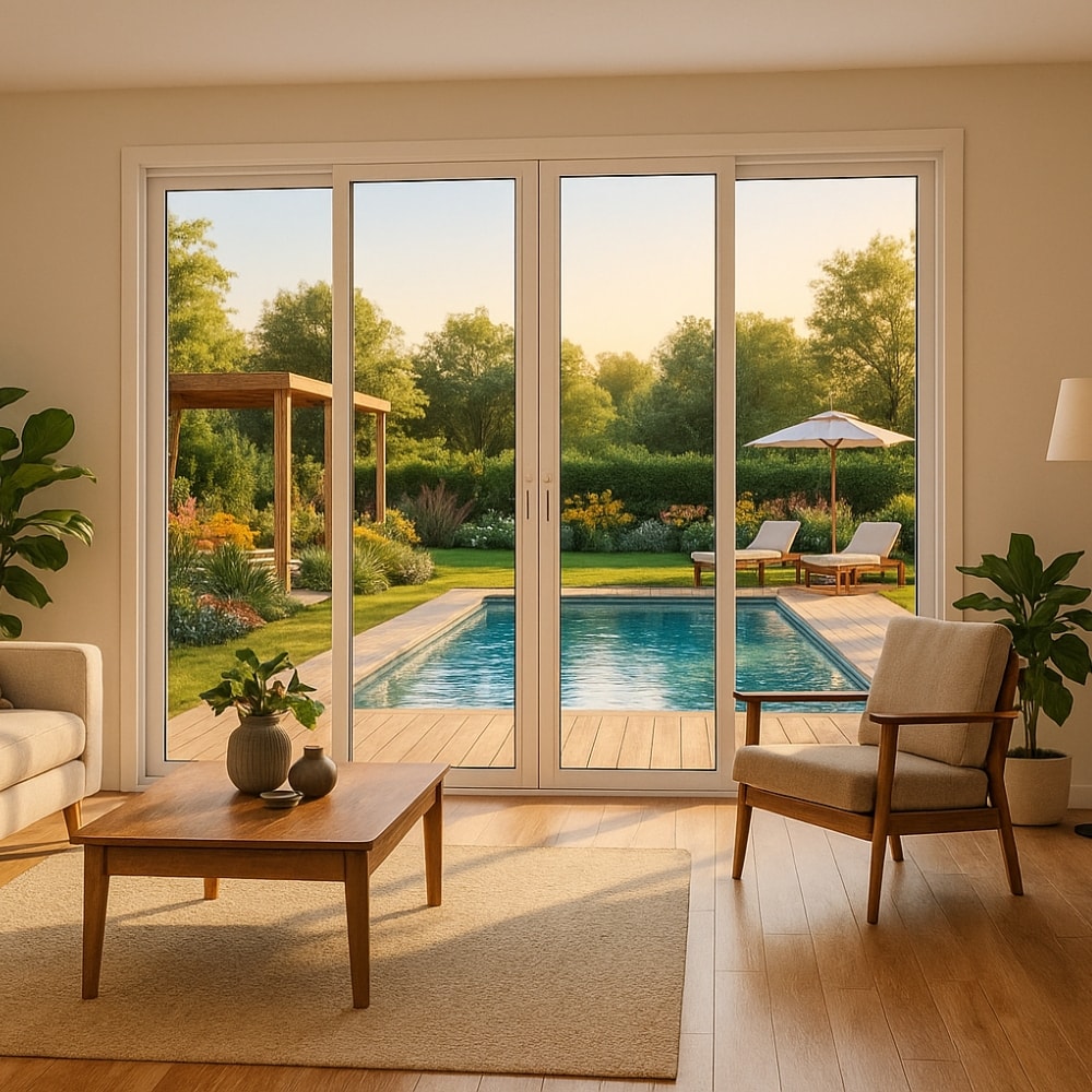 Porta de Correr em Alumínio 215x200x8,7cm Lucasa Ideale Abertura Central 2 Folhas com Vidro e Fechadura Branca - B-I500110