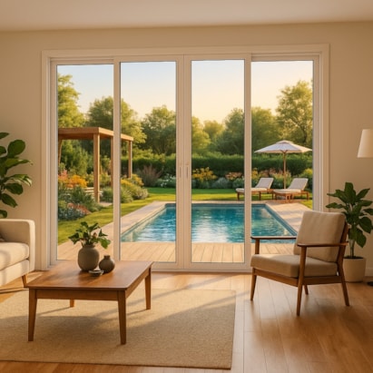 Porta de Correr em Alumínio 215x200x8,7cm Lucasa Ideale Abertura Central 2 Folhas com Vidro e Fechadura Branca - B-I500110