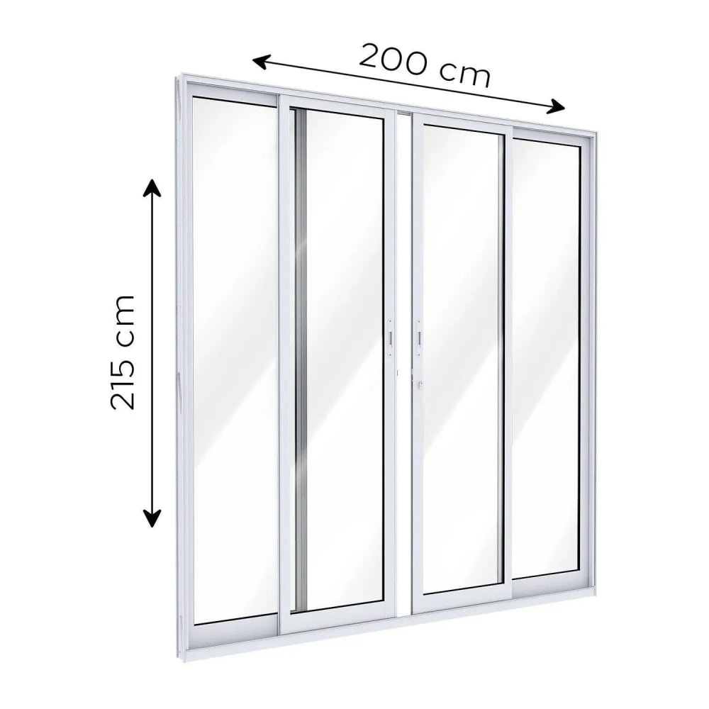 Porta de Correr em Alumínio 215x200x8,7cm Lucasa Ideale Abertura Central 2 Folhas com Vidro e Fechadura Branca - B-I500110