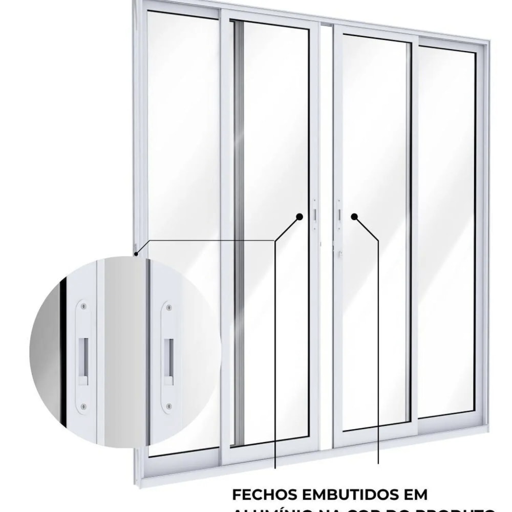 Porta de Correr em Alumínio 215x200x8,7cm Lucasa Ideale Abertura Central 2 Folhas com Vidro e Fechadura Branca - B-I500110
