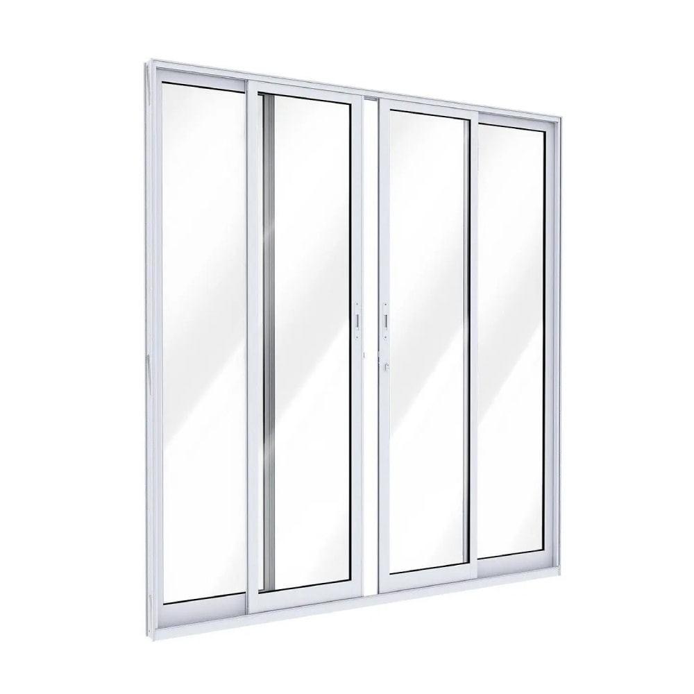 Porta de Correr em Alumínio 215x200x8,7cm Lucasa Ideale Abertura Central 2 Folhas com Vidro e Fechadura Branca - B-I500110