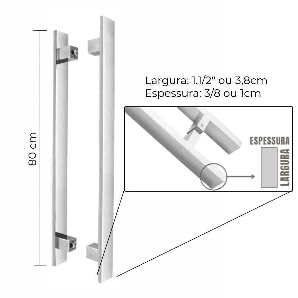 Puxador de Alumínio Kromus Barra Chata Par 80cm Liso Cromado - 20821