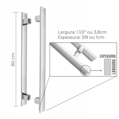 Puxador de Alumínio Kromus Barra Chata Par 80cm Liso Cromado - 20821