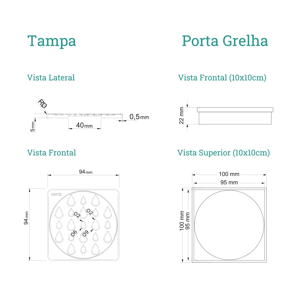 Ralo Linear Novii Grelha Quadrada Polida 10cm Com Acessórios - 5205
