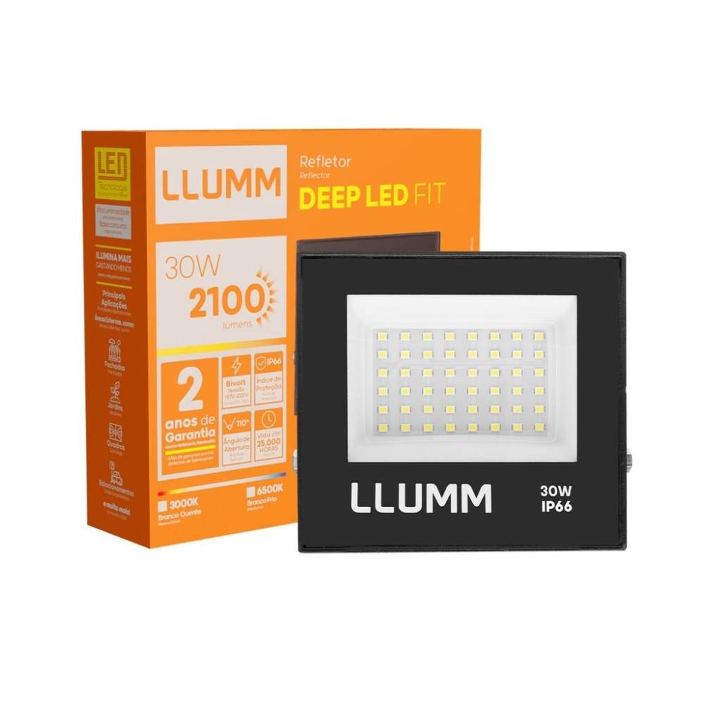Refletor LED LLUMM Deep Fit 30W 6000K Preto - LDSMDRFFT30W6R1