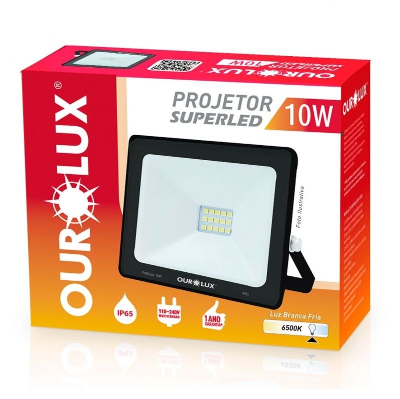 Refletor Led Ourolux Slim 10w Bivolt 6500k Preto - 03261
