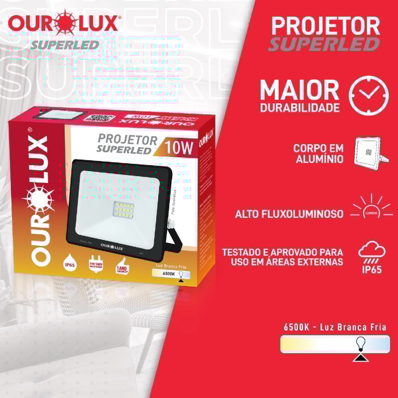 Refletor Led Ourolux Slim 10w Bivolt 6500k Preto - 03261