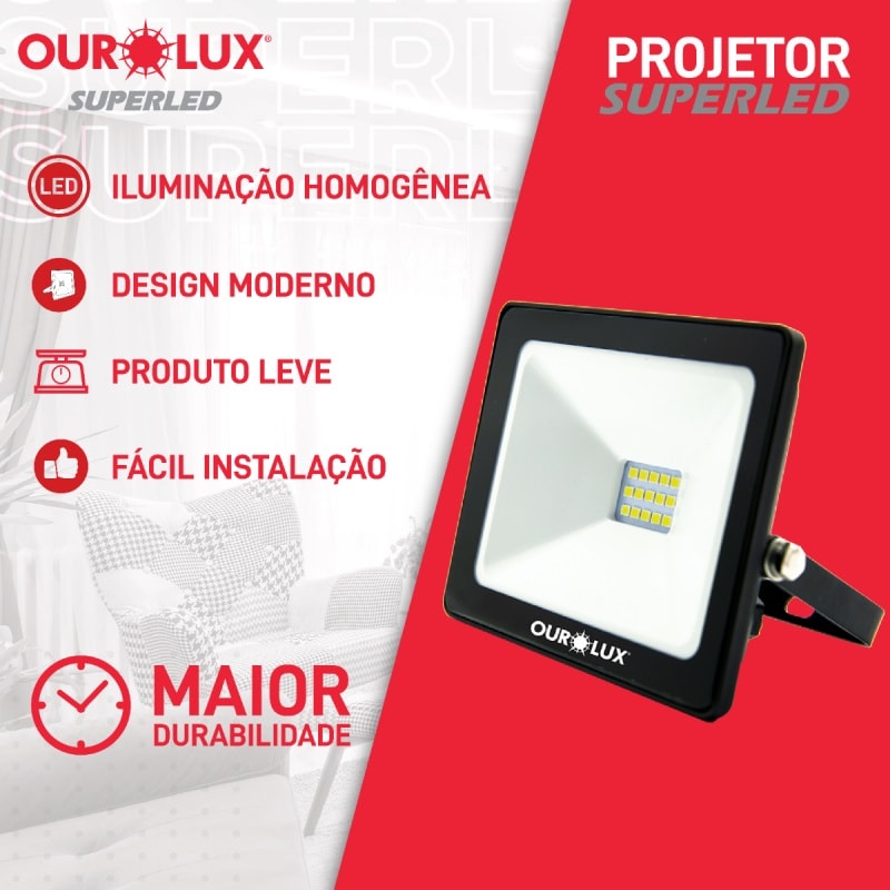 Refletor Led Ourolux Slim 10w Bivolt 6500k Preto - 03261