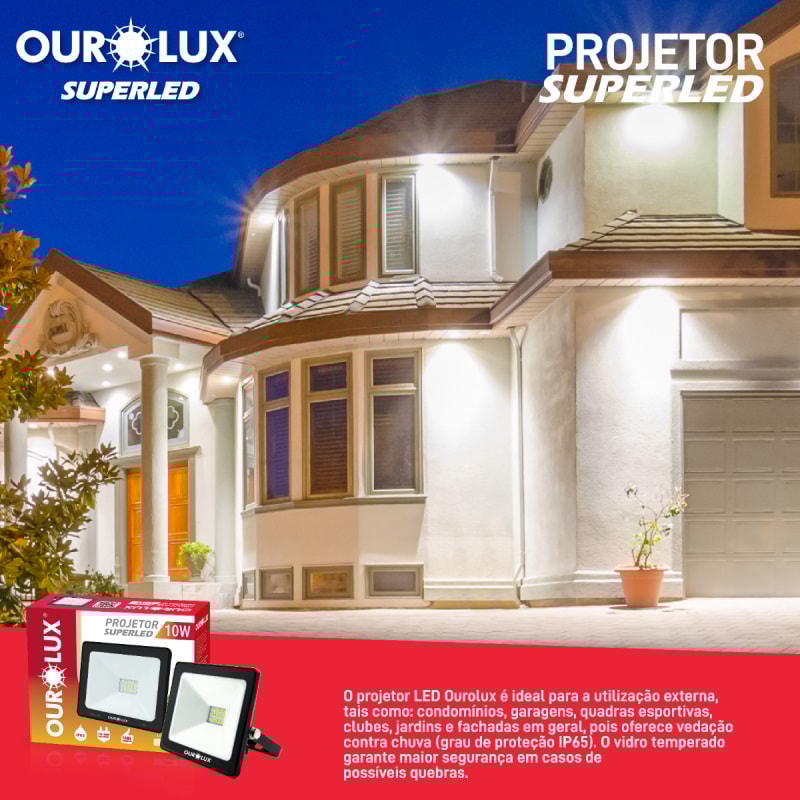 Refletor Led Ourolux Slim 10w Bivolt 6500k Preto - 03261