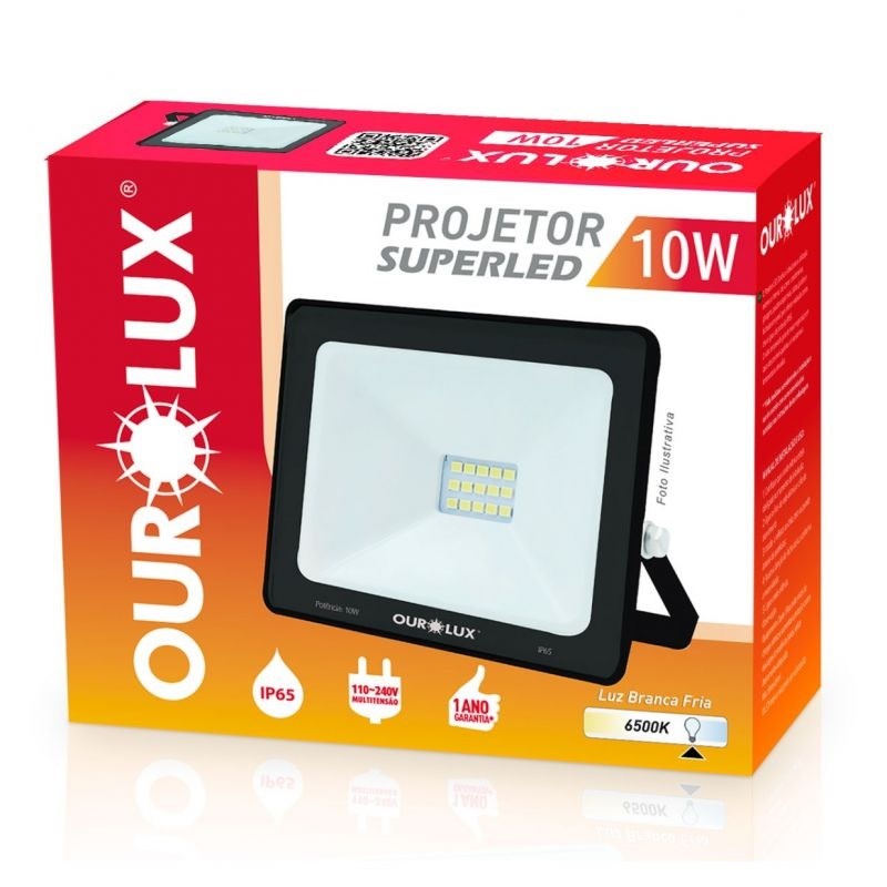 Refletor Led Ourolux Slim 10w Bivolt 6500k Preto - 03270