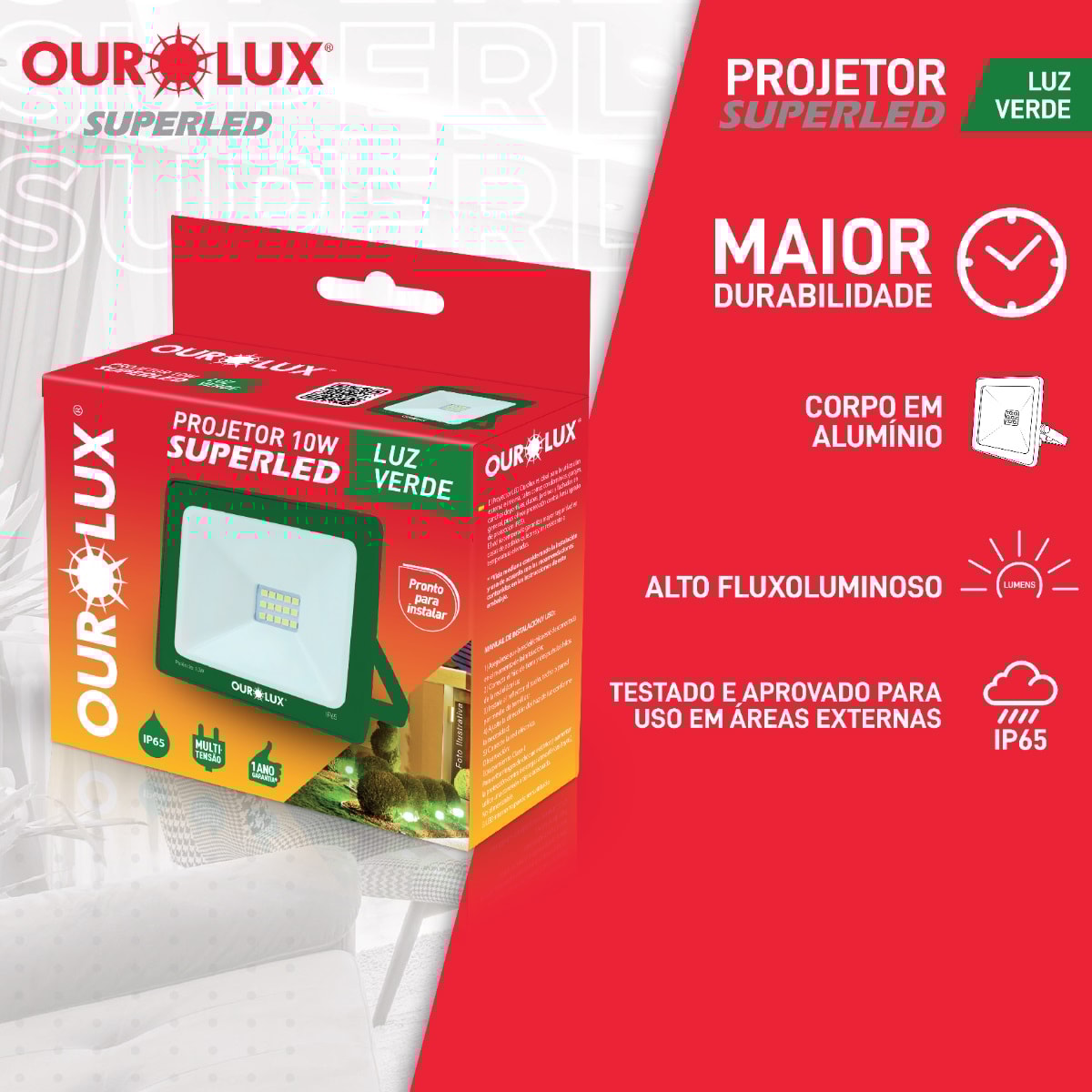 Refletor LED Ourolux Slim Luz Verde 10W Bivolt - 03280