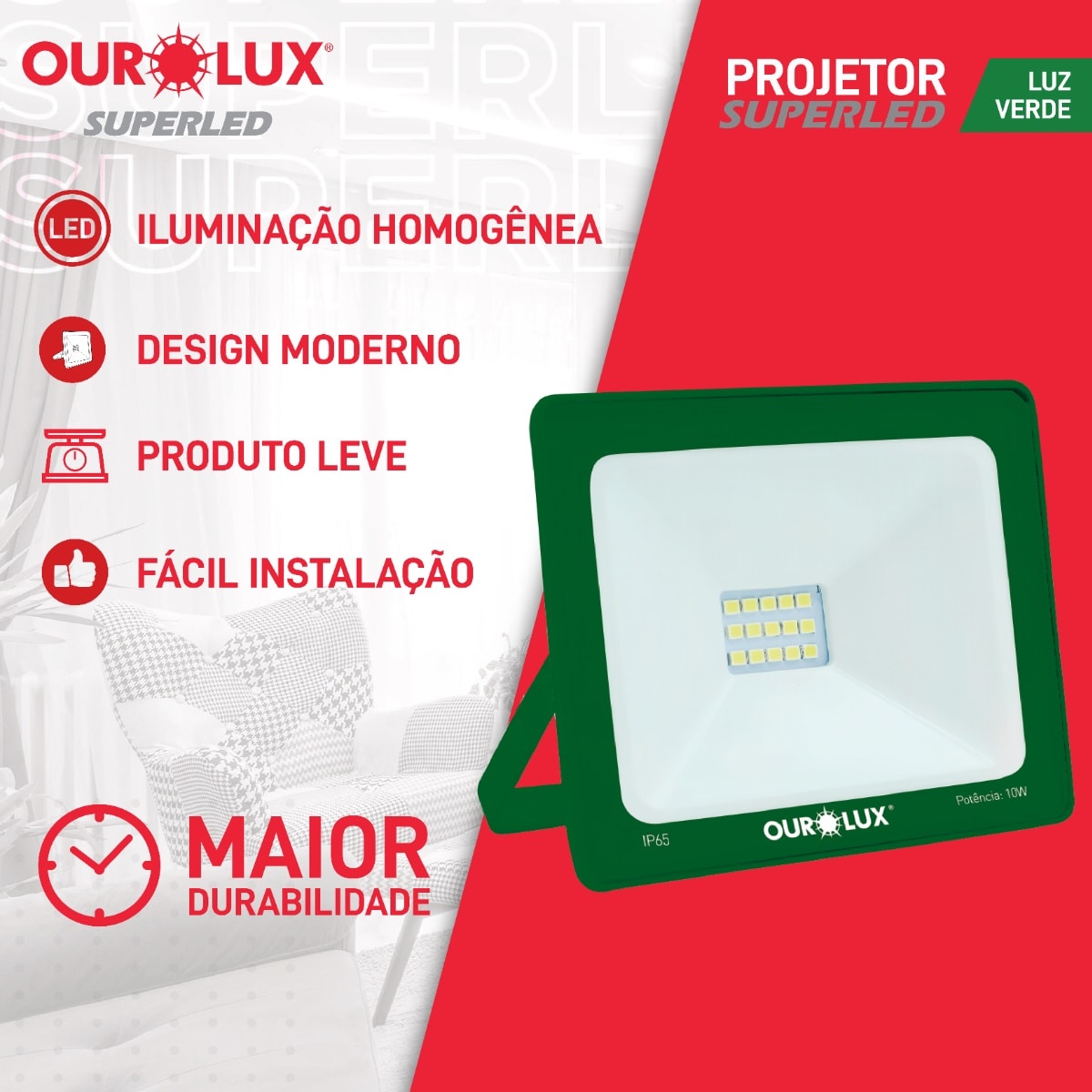 Refletor LED Ourolux Slim Luz Verde 10W Bivolt - 03280