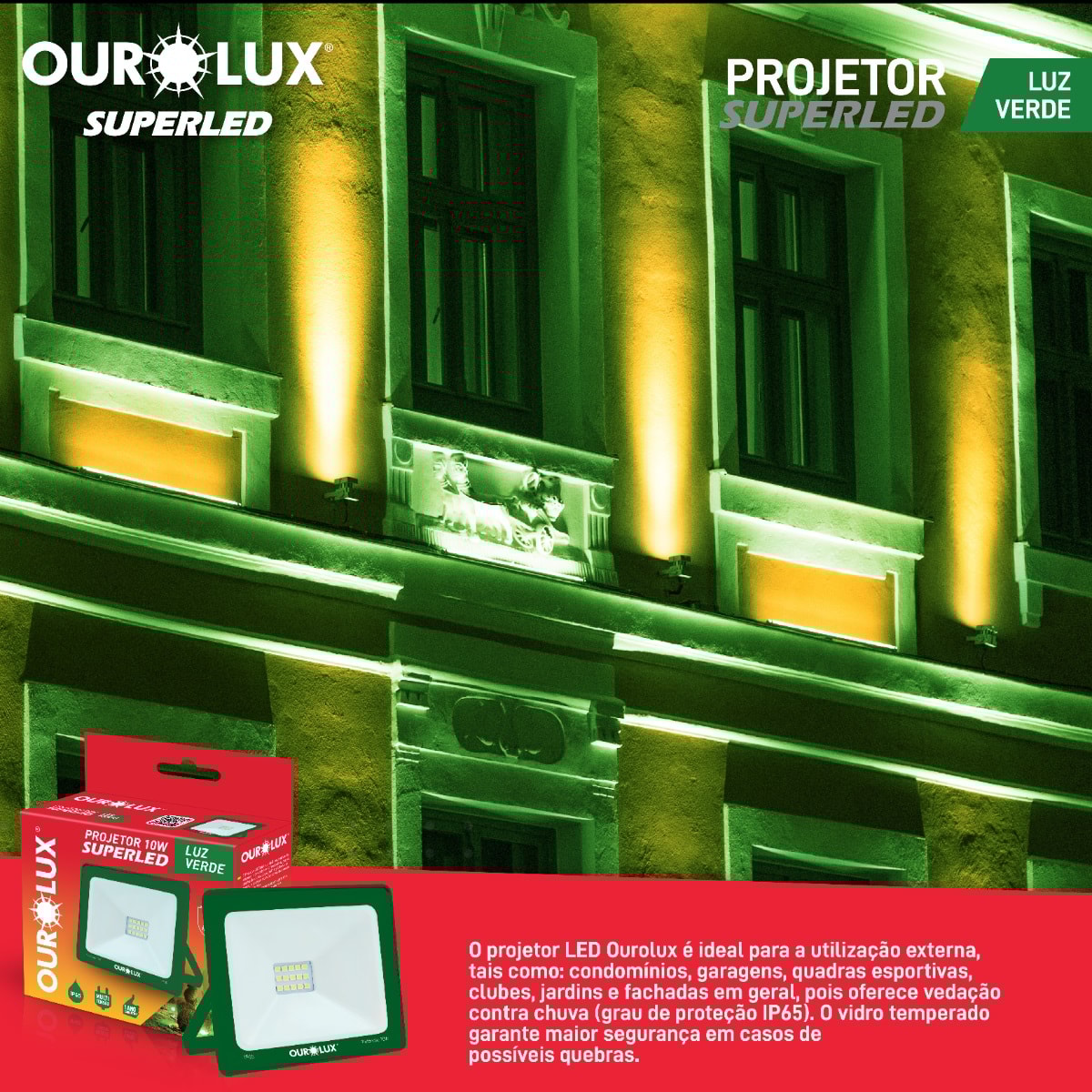 Refletor LED Ourolux Slim Luz Verde 10W Bivolt - 03280