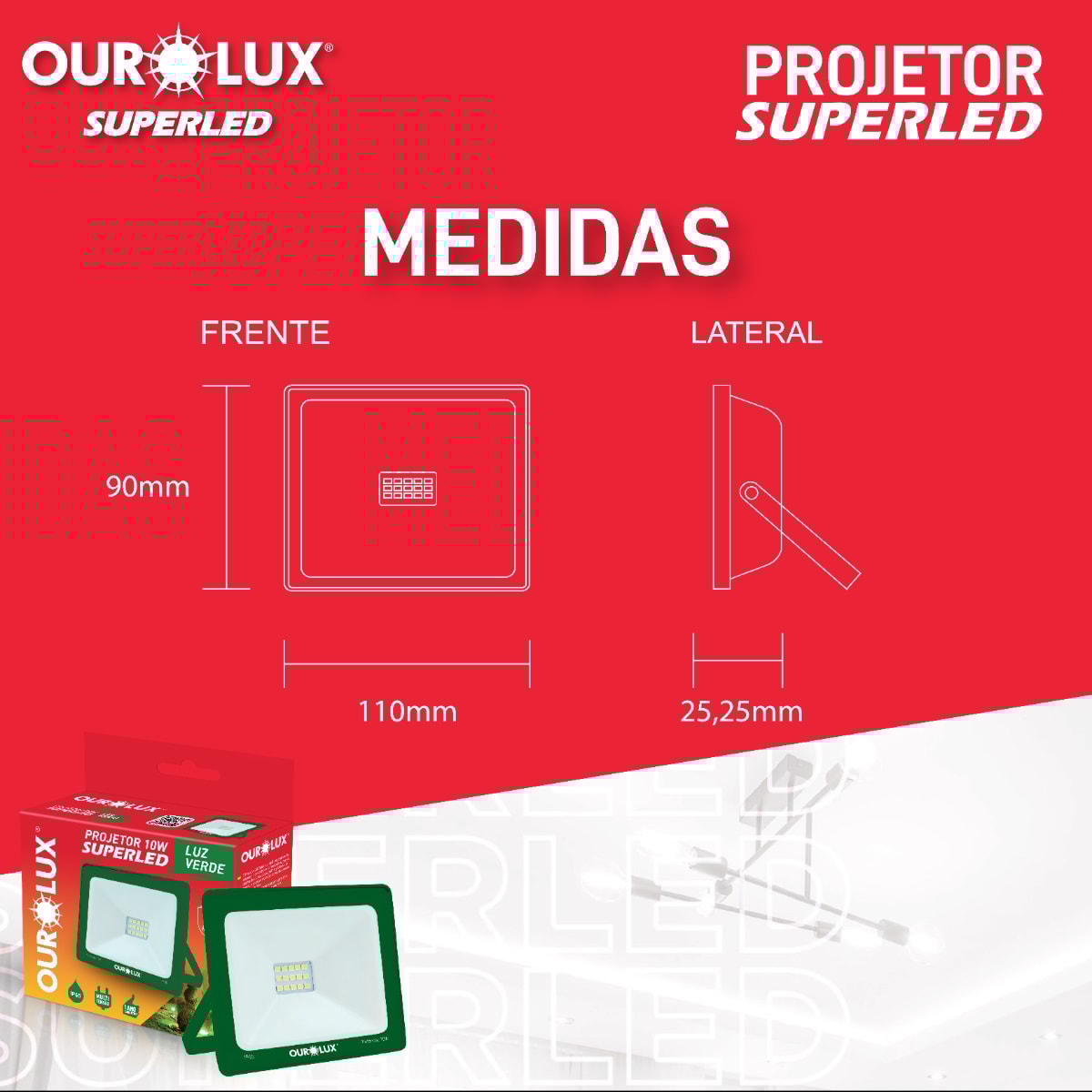 Refletor LED Ourolux Slim Luz Verde 10W Bivolt - 03280