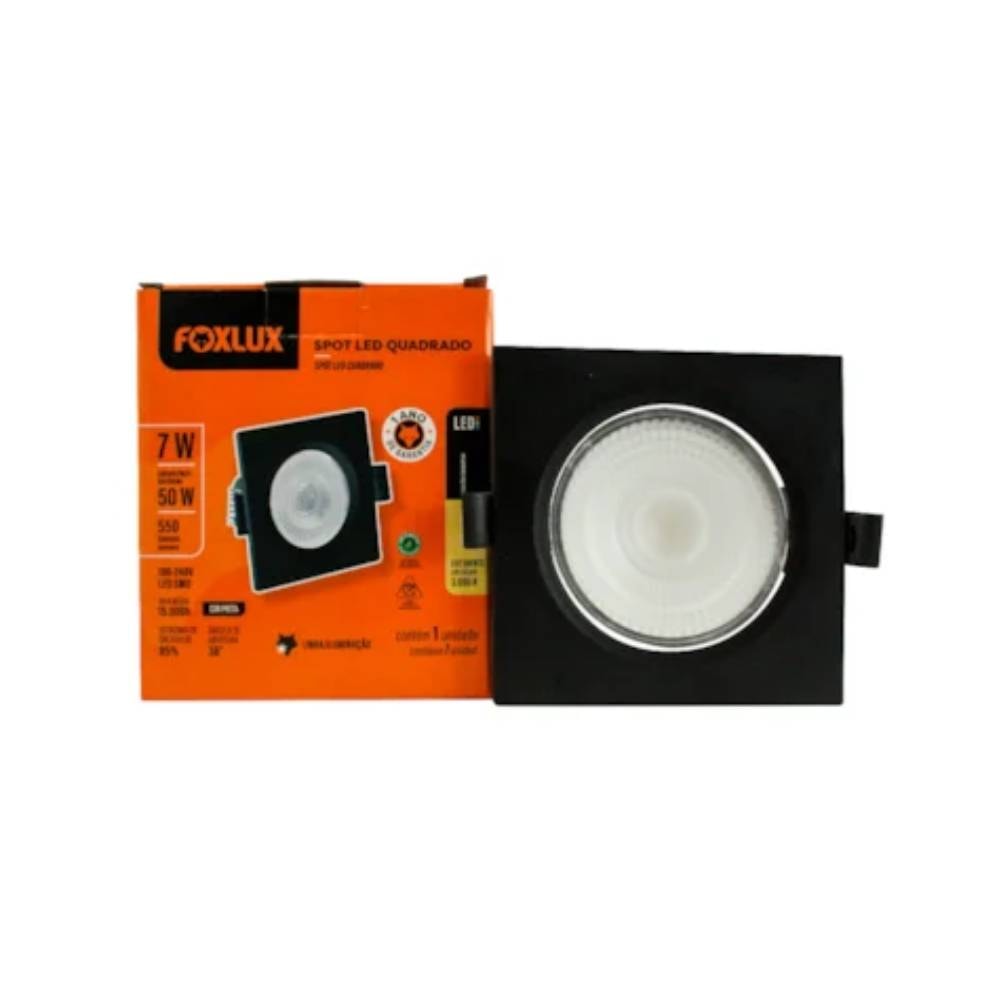 Spot de Embutir FoxLux LED 7W 6000K Quadrado Preto - LED90.710