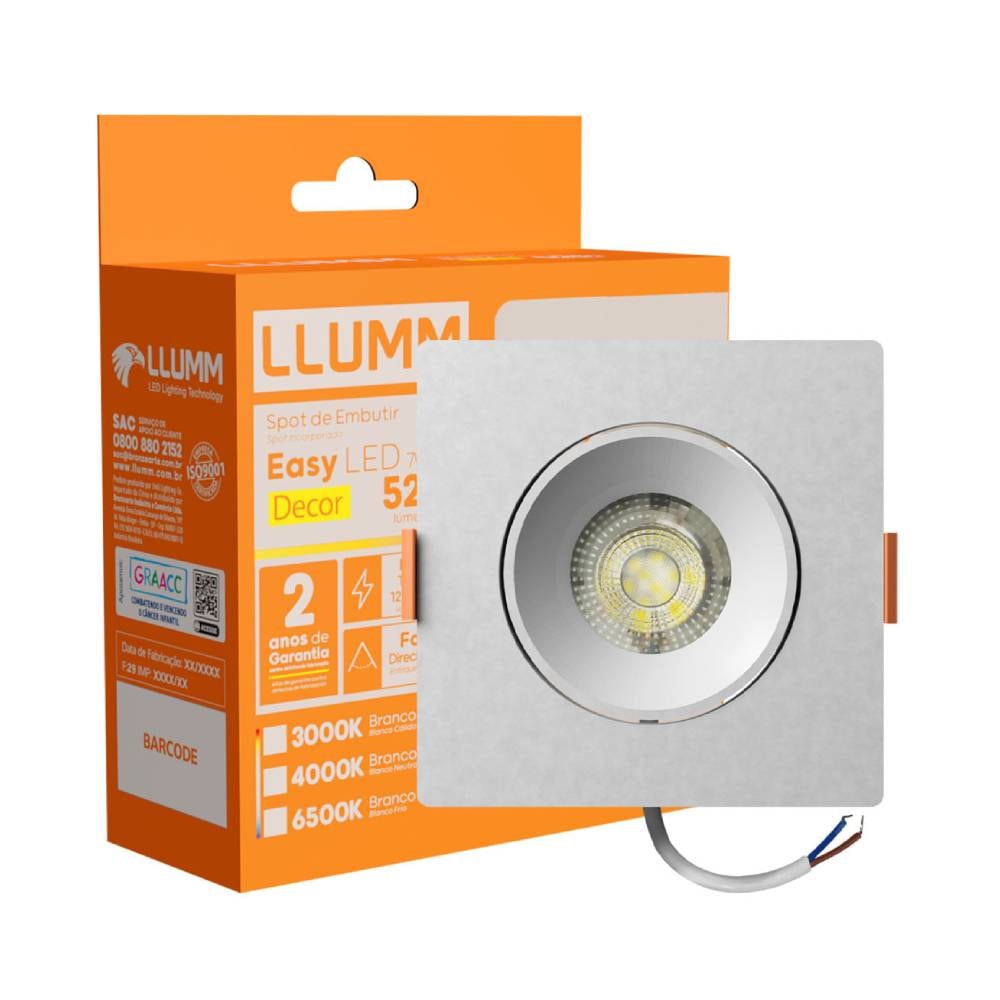 Spot de Embutir LLUMM LED Easy Decor 7W 3000K Quadrado Branco - EL093073BC
