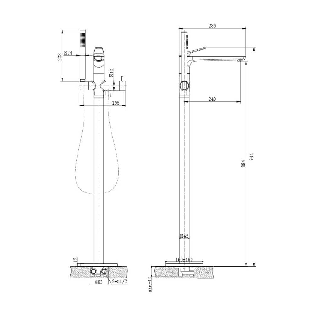 Torneira Monocomando para Banheira com Pedestal Dax Ada com Ducha Black - DAX-2822-AD-BL