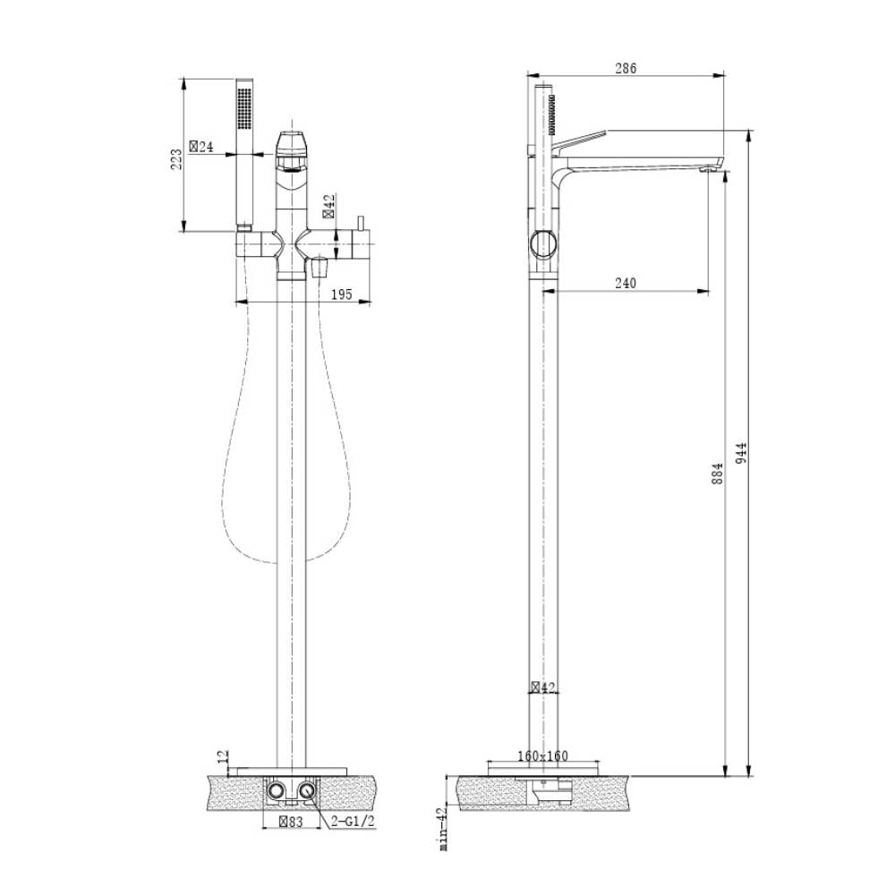 Torneira Monocomando para Banheira com Pedestal Dax Ada com Ducha Cromado - DAX-2822-AD-CR