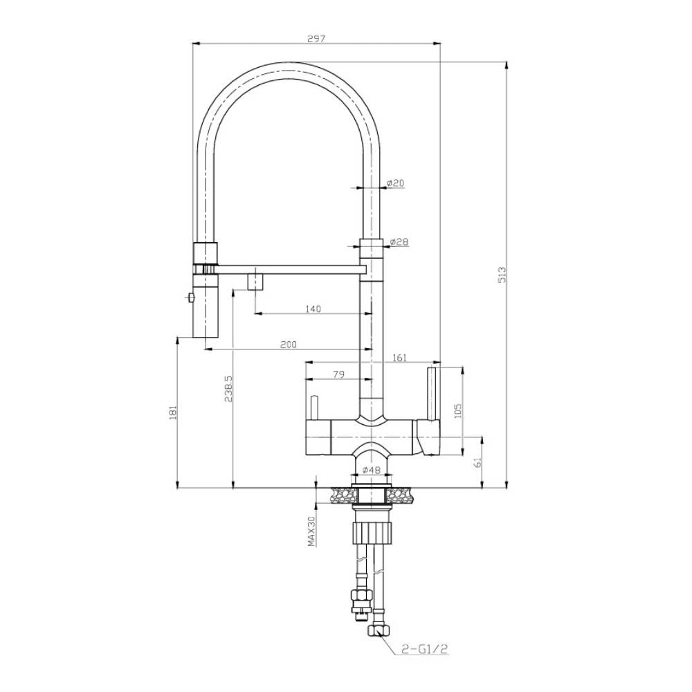 Torneira Monocomando para Cozinha Dax Thelon com Saída para Água Filtrada Cinza - DAX-1080-TL-GR