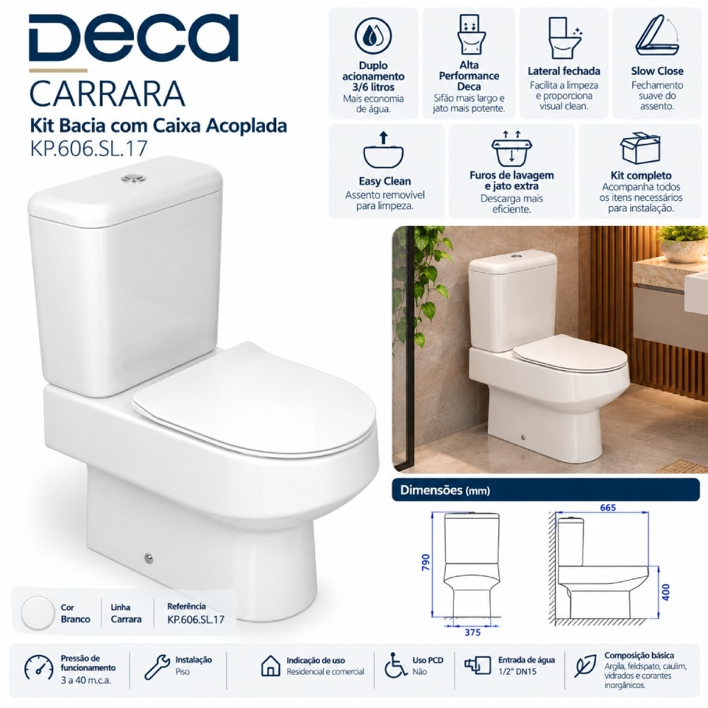 Vaso Sanitário Kit Bacia com Caixa Acoplada Deca Carrara Branco - KP.606.SL.17