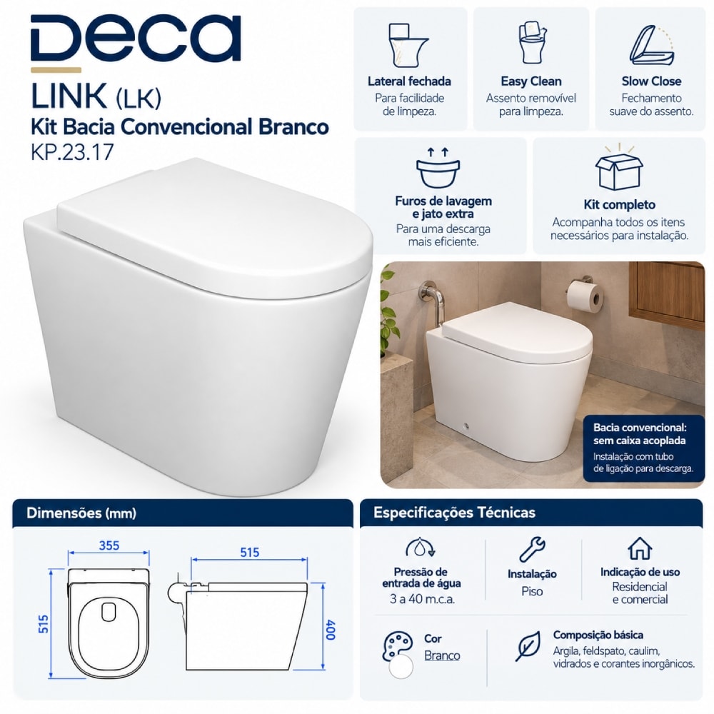 Vaso Sanitário Kit Bacia Convencional Deca Link Branco - KP.23.17