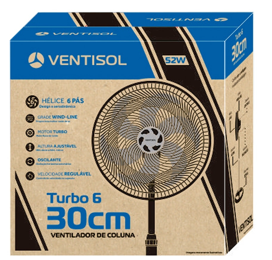 Ventilador de Coluna Ventisol Preto 30cm Turbo 6 Pás Oscilante - 8235