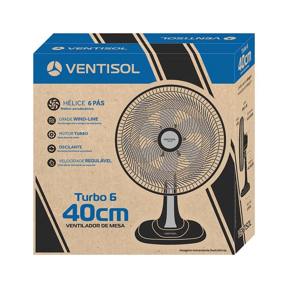 Ventilador de Mesa Ventisol Turbo Oscilante 40cm 6 Pás 127v Preto - 550